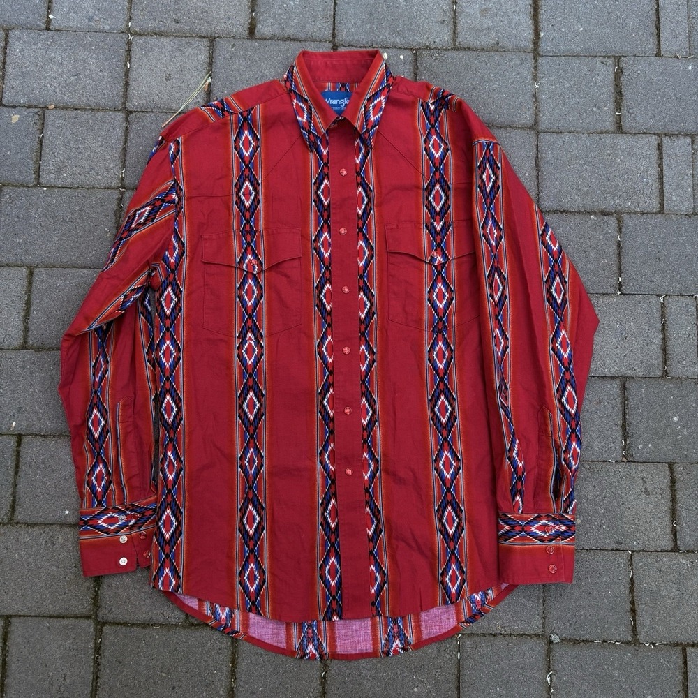 Vintage Wrangler Western Aztec Red Cotton Pearl Snap Long Sleeve Men's Medium